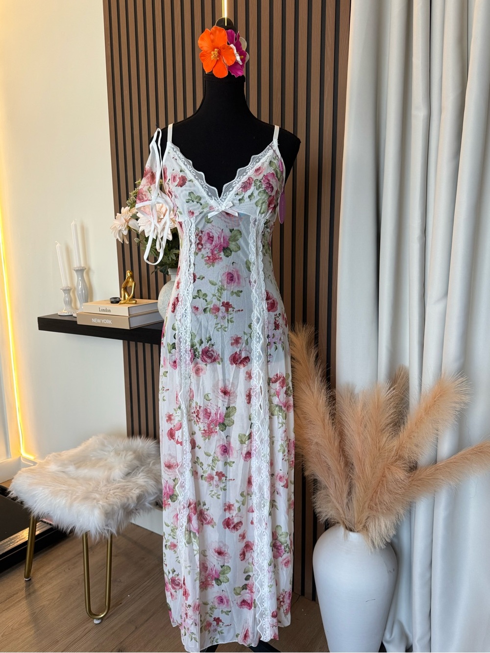 Floral Lace Trim Slip Dress - White & Pink